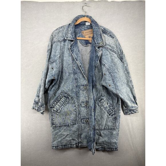 Vtg Acid Wash Denim Long Trench Jean Jacket Giacca Coat DUSTER Retro Grunge READ - Picture 1 of 11
